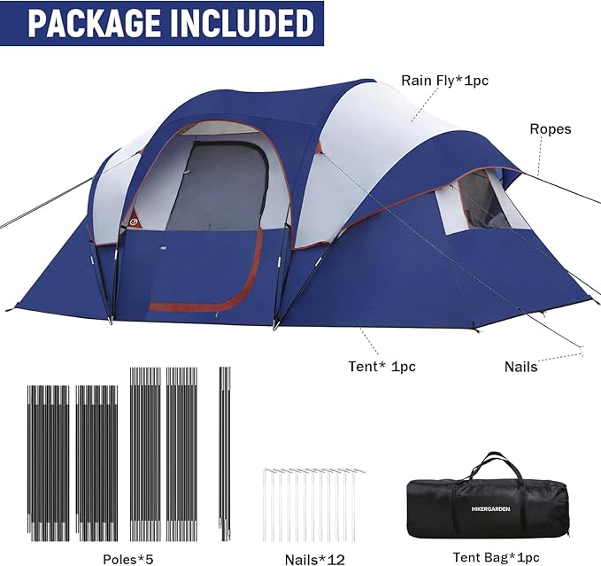 HIKERGARDEN 10 Person Camping Tent - Portable Easy Set Up Family Tent for Camp Windproof Fabric Dome Tent Outdoor for Hiking Backpacking Traveling-14'x11'x74in(H)