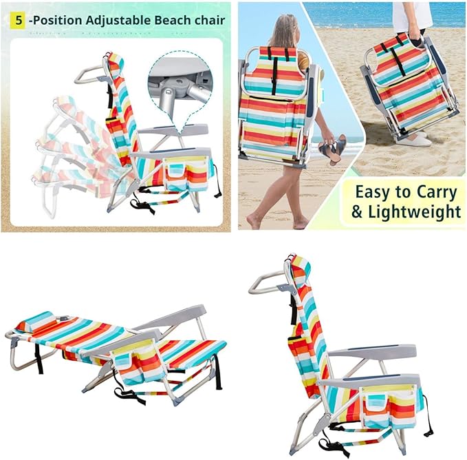 Backpack Beach Chair for Adults 5-Position Portable Outdoor Reclining Camping Chair Lightweight Folding Chairs with Headrest Cup Holders Cooler Bag Towel Bar Shoulder Strap (Rainbow)