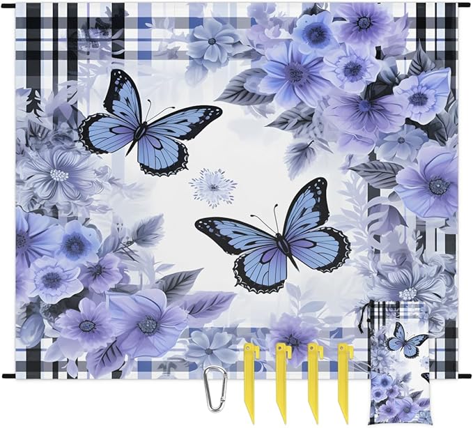 Waterproof Sandproof Beach Blanket 59''×68'' Butterfly Polyester Outdoor Picnic Blanket with 4 Stakes &amp Storage Bag for BeachCampingVacation Purple