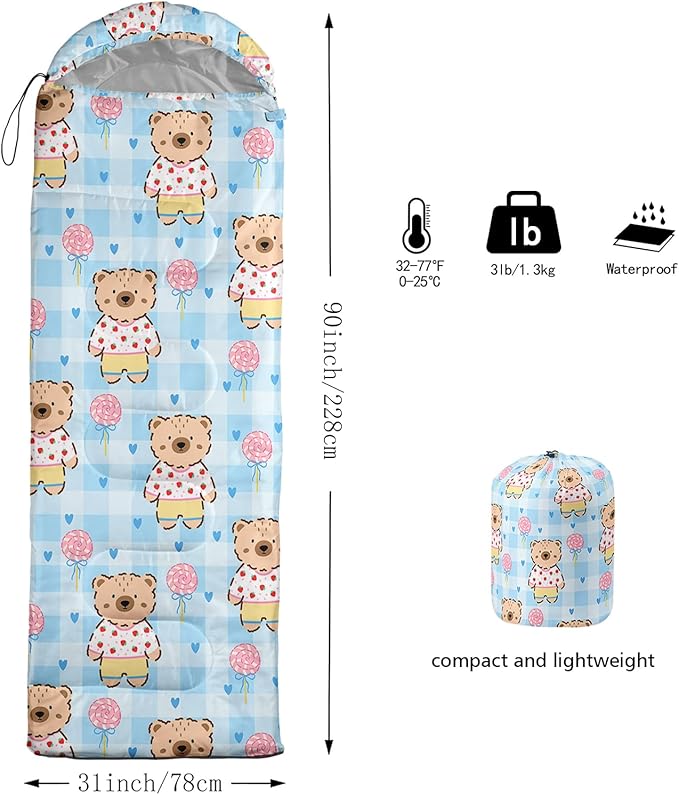Cute Bear Sleeping Bag for Girls KidsKawaii Milk Tea Waterproof Portable Camping Bag3 Season Warm Cool Weather Lightweight Compact Camping Essentials Gear for Travelling Hiking Yellow