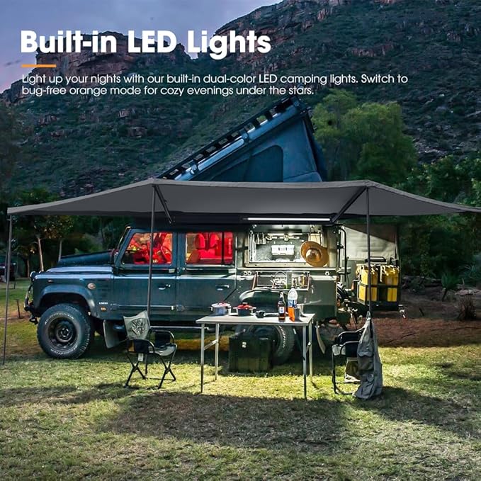 Sanhima 180 Awning Free Standing Built-in LED Light 84 ft² Shelter Car Side Waterproof UV50+ Wind Resistant Driver Passenger Side 180 Degree Vehicle Awning for SUV Van Truck