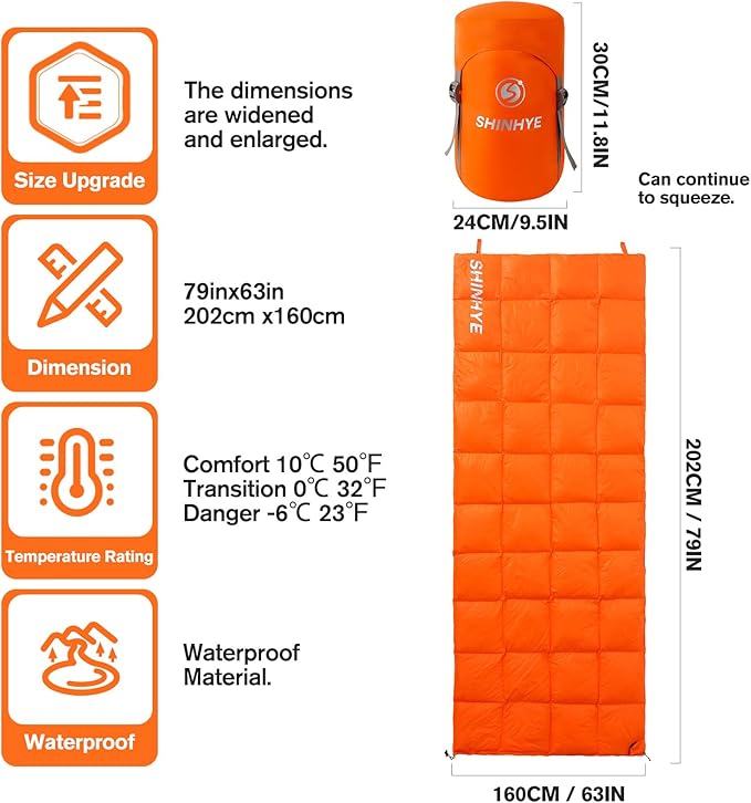 ShinHye Ultralight Adult Sleeping Bag 500g Premium Duck Down - Waterproof &amp Compressible 3-Season Camping/Backpacking 40-59℉ with Compression Sack