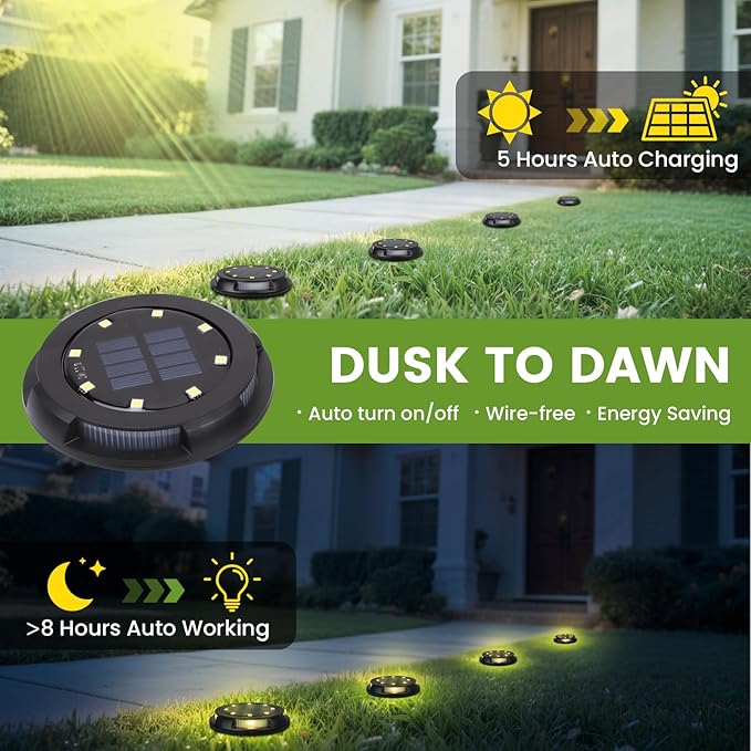 Solar Underground Outdoor Lights IP65 Waterproof Rechargeable 500mAh NI-MH Battery LED Landscape Lighting 0.2W Solar Panel Black Garden Path Lights for Yard(Warm Light 8 Pack)
