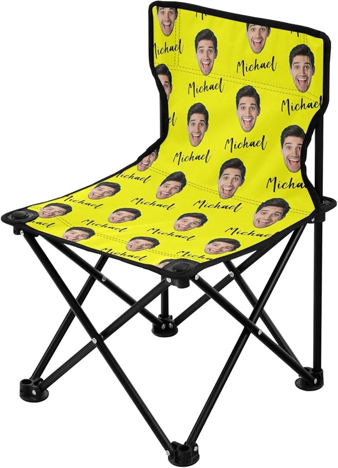 Sinestour Yellow Custom Photo Folding Camping Chair for Teen Child Personalized Name 14.6×14.6in Portable Outdoor Chair with Carry Bag for Beach Picnic Travel