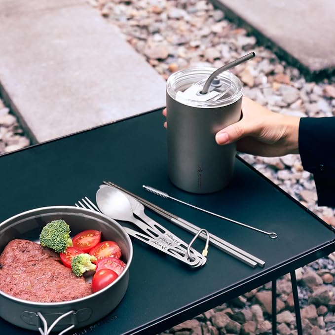 SILVERANT Titanium Camping Flatware Titanium Spork Spoon Chopsticks Knife Straw Cutlery Set PortableTableware for Lunch Box Outdoor &amp Hiking Comes with Drawstring Bag &amp Carabiner- Sandblaste