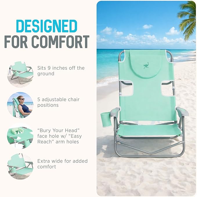 Ostrich the Heavy-Duty Backpacker Portable Beach Chair with Face Hole Adjustable Lounge Chair with Face Opening Cup Holder &amp 325lb Capacity Teal