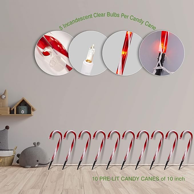 Candy Cane Christmas Lights Outdoor 10 inch Lighted Candy Cane Yard Lights with Set of 10 Candy Canes Outdoor Walkway Christmas Lights Pathway Lawn Yard Decorations