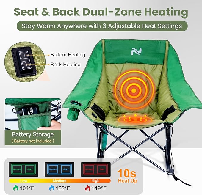 ABORON Oversized Rocking Camping Chair for Adults Fully Padded Folding Outdoor Lawn Chair with Side Pocket Portable Recliner Chair for Camp Patio Backyard Supports 400 lbs