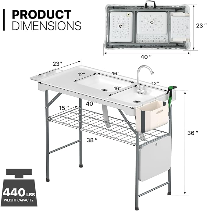 MoNiBloom Folding Fish Cleaning Table with Double Sink Portable Camping Outdoor Heavy-Duty Fillet Station with Faucet Drainage Hose Sprayer and Knife for Picnic Fishing Garden Patio Beach White
