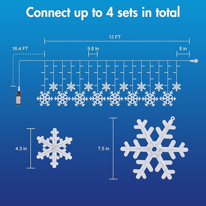 Minetom Christmas Snowflake Lights - 2 Pack 13 ft 192 LED Icicle Lights with 16 Drops 12 Modes and Timer IP65 Waterproof Connectable Christmas Light for House Eave Window Indoor Outdoor Decoration