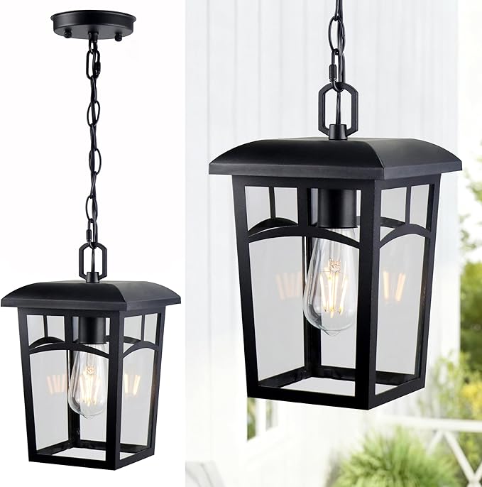 Outdoor Hanging Light Farmhouse Black Porch Pendant Lantern with Clear Glass E26 Base Modern Exterior Chandelier for Front Door Patio Entryway Gazebo Backyard