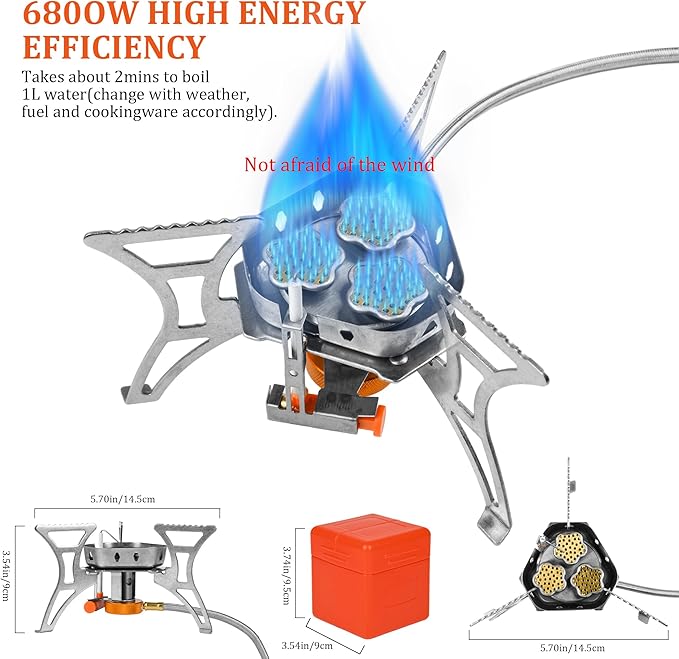 6800W Camping Backpacking Stove Outdoor Portable Burner Cooking Stove with Fuel Canister Adapter Piezo Ignition Carry Case Foldable Windproof Camping Gas Stove for Picnic Hiking