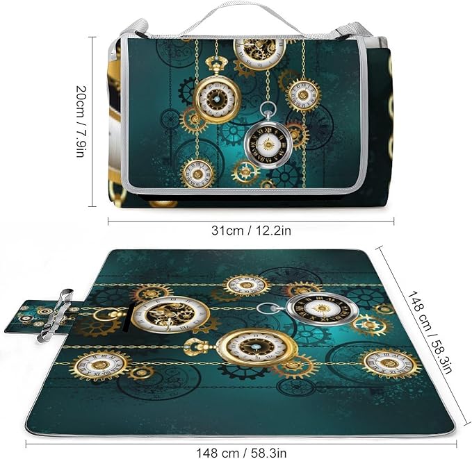 Vintage Steam Punk Clock Art Waterproof Outdoor Picnic Blanket Sandproof Beach Mat for Camping Hiking Grass Travelling