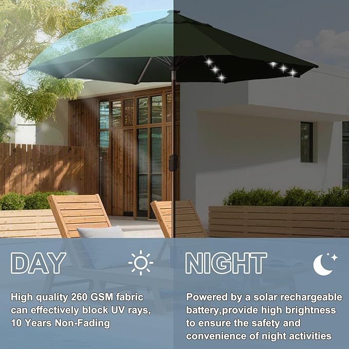 EliteShade USA 10-Year-Non-Fading 10Ft Market Umbrella with 80 LED Lights Patio Umbrella Outdoor Table Umbrella with Ventilation(Fern)
