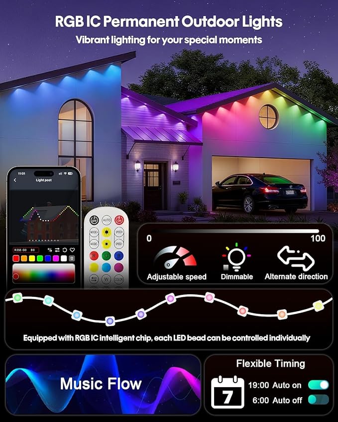 Permanent Outdoor Lights150ft RGB+IC Smart Outside Lights with 90 LED APP Control Dimmable50 Scene Modes for Outdoor Decor IP68 Waterproof Eaves Lighting for Daily Holiday Christmas Decorations