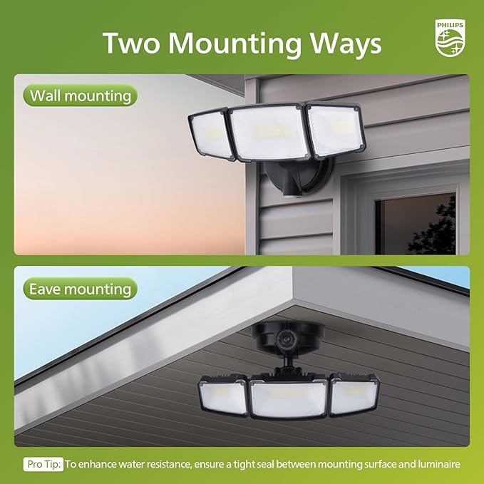 Philips 72W 7400LM LED Flood Lights Outdoor Dusk to Dawn Aluminum Security Lights 3 Adjustable Heads Wall Mount 5000K Daylight Waterproof for Yard Garage