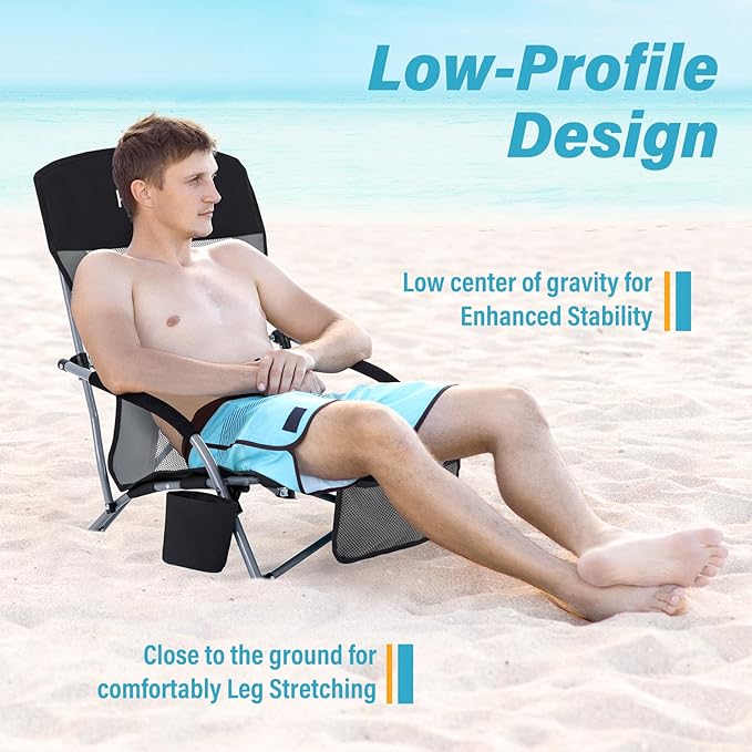 Homcosan Portable Low Folding Beach Chair - Lightweight Camping Chair for Adults with Cup Holder &amp Storage Pocket Carry Bag Included (Black &amp Gray)