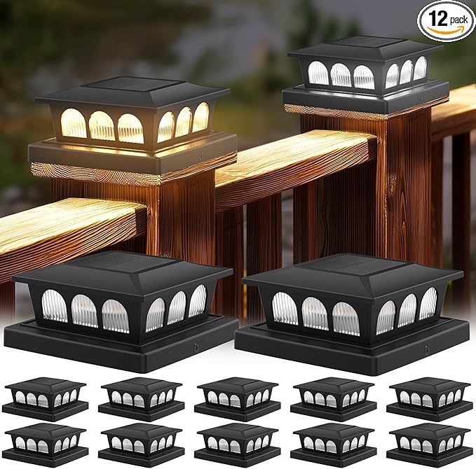 12 Pack Solar Post Cap Lights Warm White &amp Cool White Auto On/Off Waterproof Fence Post Solar Lights for 4x4 5x5 6x6 Wood/Vinyl Posts Fence Deck Patio Garden Decor (Black)