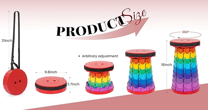 2 Pack Portable Telescoping Stools Collapsible Stool with CushionRetractable Foldingstool Max Load Capacity 400lbs Portable Collapsible Stools for Camping Hiking Outdoor BBQ Rainbow-Red