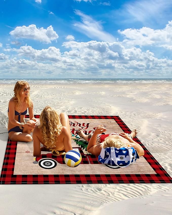 Beach Blanket Waterproof Sandproof OversizedRetro Farm Plaid Car Beach Mat with Corner Stakes Sand PocketsBuffalo Grid Xmas Tree on Wood Grain Outdoor Picnic Mat for Travel Camping Hiking 83x79In