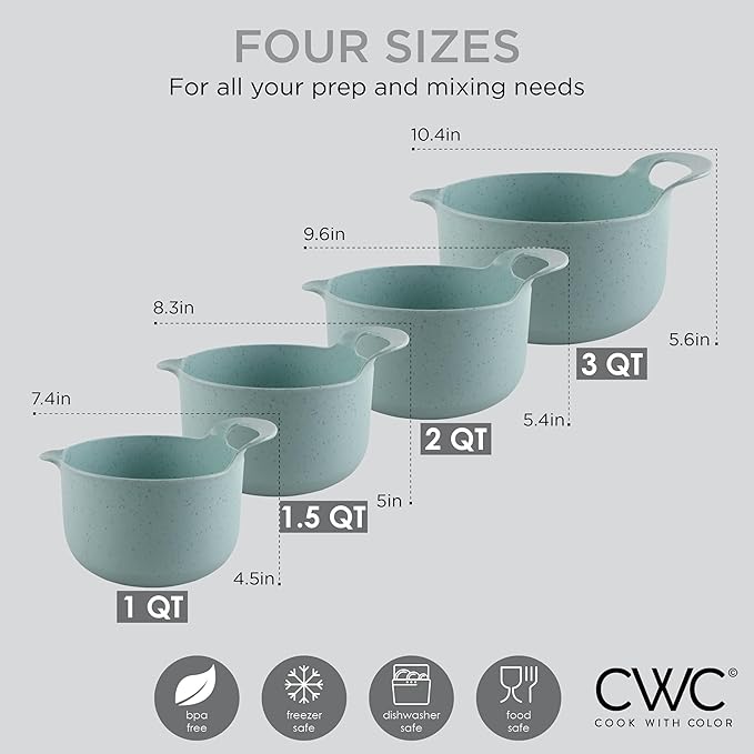 COOK WITH COLOR Nesting Plastic Mixing Bowl Set with Pour Spouts and Handles Speckled Mint 4 Piece Non-Slip