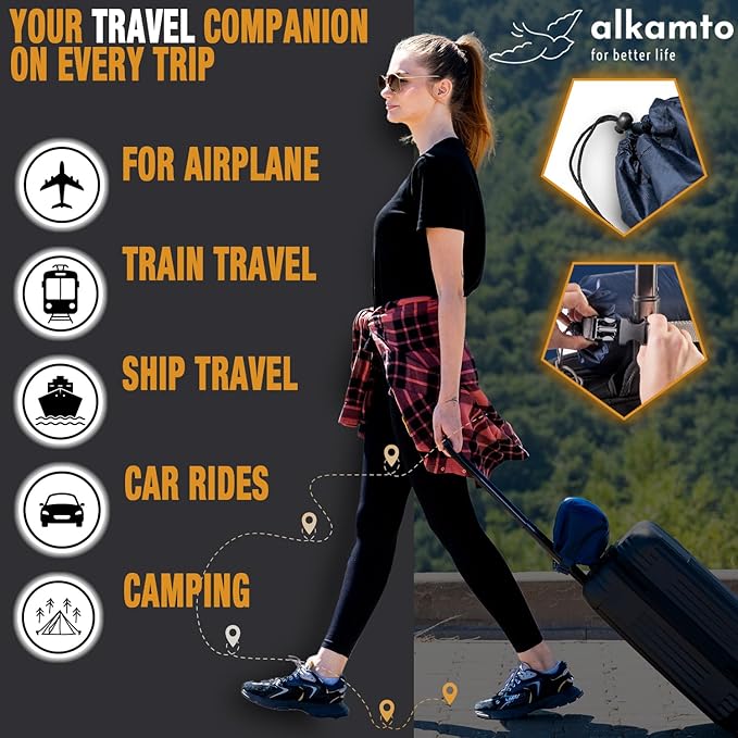 alkamto Travel &amp Camping Comfortable Memory Foam Pillow – Easy to Carry Portable Bag – Temperature Regulating Pillow Case (White Contour + Extra Cover)
