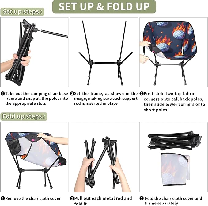 Honeybaby Folding Camping Chair Fire Golf Ball Camping Chairs Lightweight Portable Chair Outdoor Foldable Chairs for Camping Travel Picnic Beach Hiking