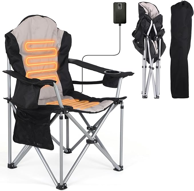 Heated Outdoor Chairs Heated Camp Chair Camping Chairs Heated Folding Chair with Removable Cushion Battery Pack Fully Padded for Outdoor Comfort with Cup Holder (1-Pack)