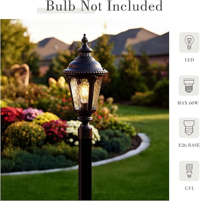 Emliviar 22.4 Inch Modern Exterior Post Lantern with Water Ripple Glass Oil Rubbed Bronze Lamp Post Outdoor Lighting E26 Base 60W Max XE265P-M ORB-SW