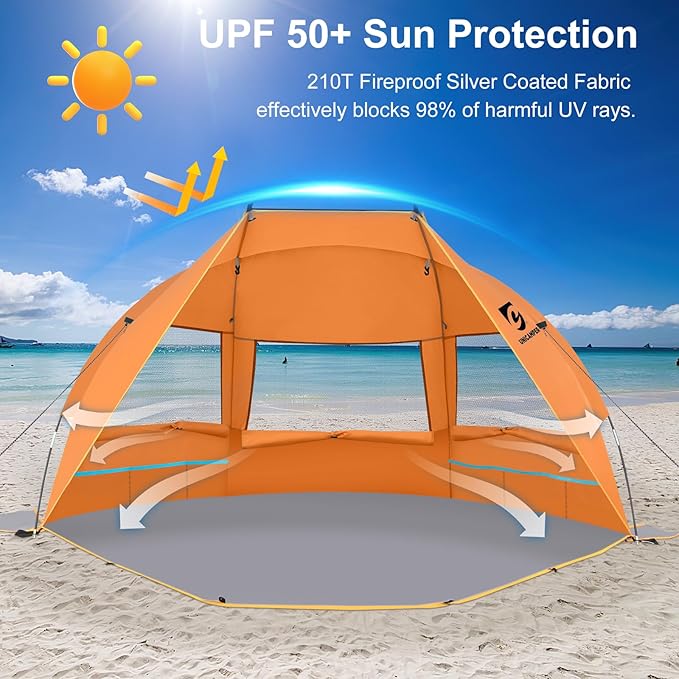 Beach Tent 2-3 Person Sun Shelter UPF 50+ with Extended Waterproof Pe Floor &amp 3 Mesh Roll Up Windows Fits Portable Beach Shade Easy Setup for Outdoor Camping Indoor Fishing Yard. (Orange)