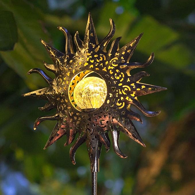 HOMEIMPRO Large Sun Solar Garden Decor Lights Outdoor Garden Gifts Mom Dad Crackle Glass Metal Stake Backyard Decor Waterproof LED Lights for Lawn Patio Ornaments Mothers Day Gifts for Women