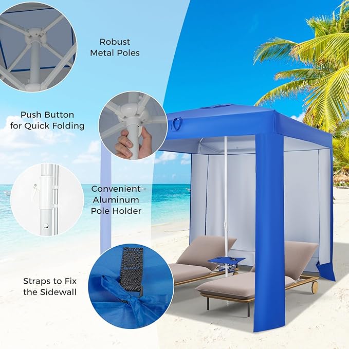 HAPPYGRILL Beach Canopy with Folding Table Outdoor Cabana with Detachable Sidewall Carrying Bag UPF 50+ Protection Sandbags Portable Outdoor Sun Shelter Tent for Beach Backyard