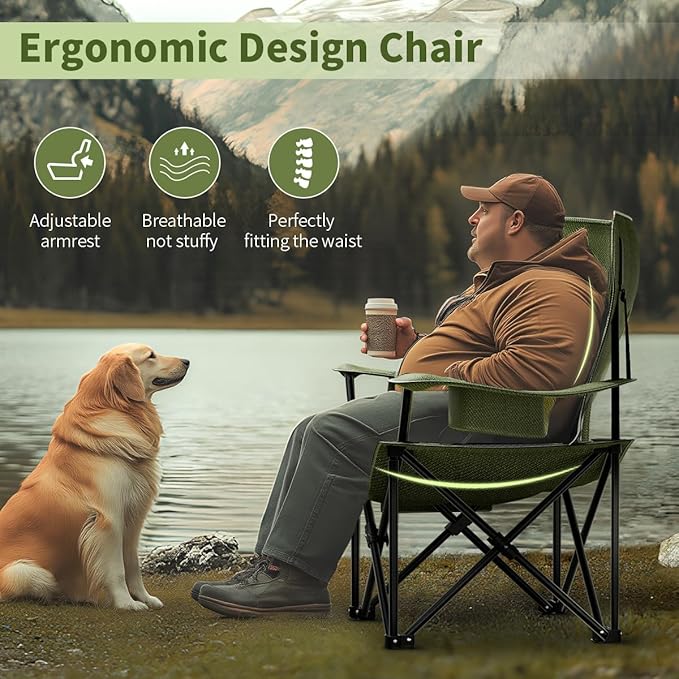 Heavy Duty Folding Chair 500LB Capacity Oversized Camping Chairs with Cup Holder Cooler Bag &amp Storage Pouch Double-Layer Fabric Outdoor Chairs for Sports Lawn Chairs (2 Black Green Oversize