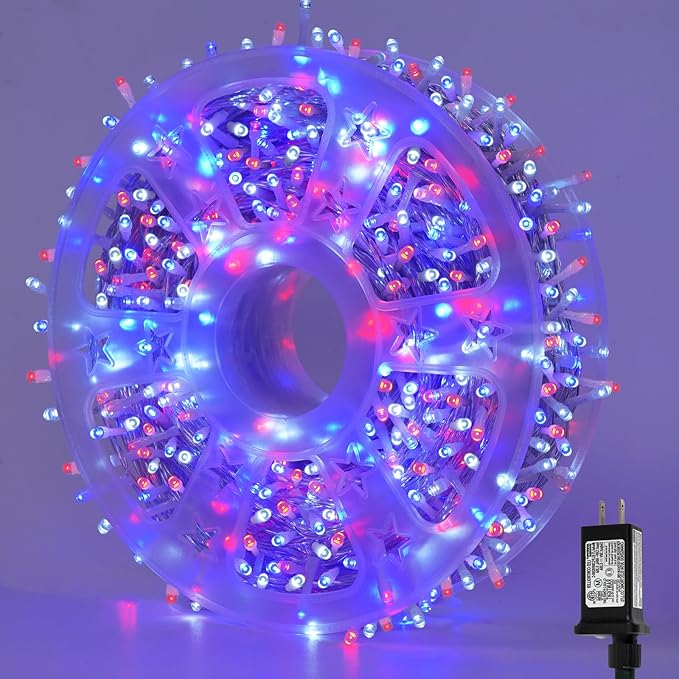 YEGUO 165ft 500 LED Red White and Blue Lights 4th of July Decorations String Lights Plug in Indoor Outdoor 8 Modes Clear Wire Patriotic Light for Independence Day Holiday Memorial Day Party Decor