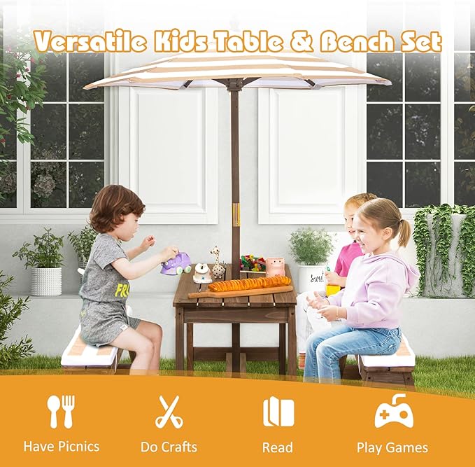 2-in-1 Kids Picnic Table Wooden Kids Outdoor Tables with Removable Umbrella &amp Cushions Fits 4 Children Indoor Outdoor Toddler Picnic Table for Backyard Lawn &amp Patio (Coffee)