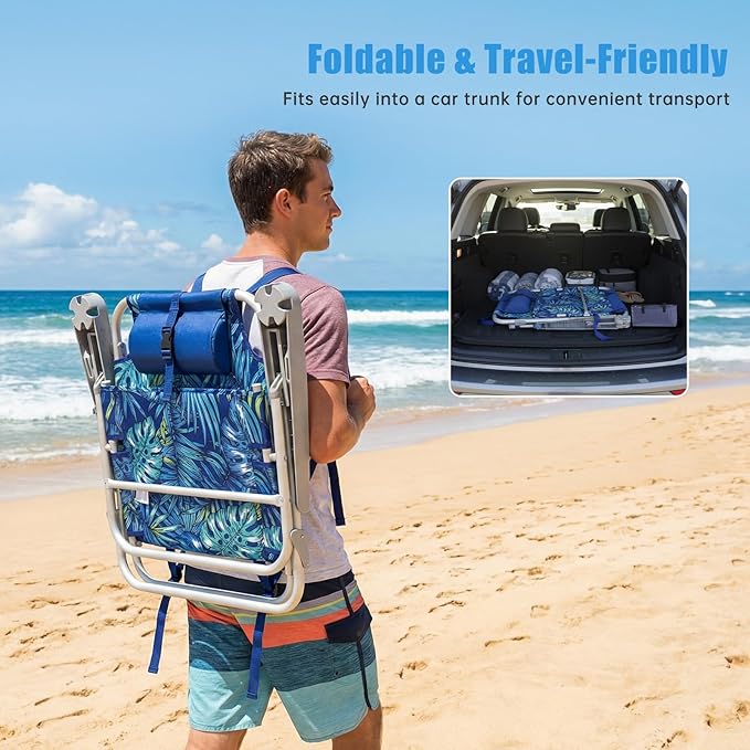 SUNNYFEEL Low Beach Chairs for Adults 5 Position Lay Flat Portable Folding Backpack Beach Chair Heavy Duty with Cooler Bag Cup Holder for Outdoor/Lawn/Picnic Foldable Camping Chair