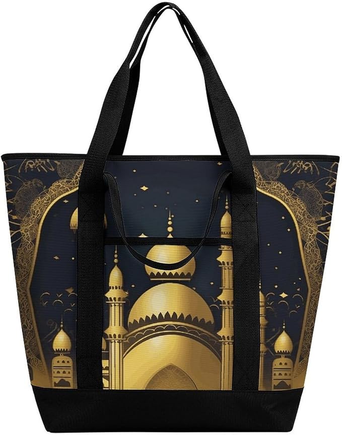 Insulated Shopping BagLarge Reusable Cooler Bags Eid Golden Mosque Printed Foldable Shopping BagTravel Waterproof Shoulder Bag