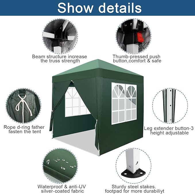 2x2m Gazebo with Sides Canopy Tent Outdoor Instant Shelter Folding Canopy Outdoor Party Tent Patio Canopy Tent Gazebo Outdoor Canopy Folding Garden Gazebo Party Tent (Green)