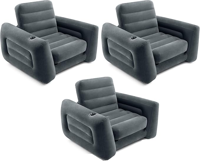 Intex 2 in 1 Inflatable Pull Out Sofa Chair and Twin Air Bed Mattress with Cup Holders for Indoor and Outdoor Use for Adults (3 Pack) Charcoal
