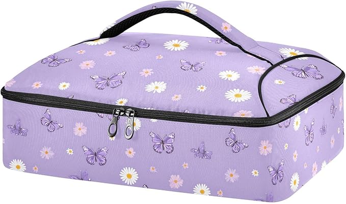 Casserole Carrier Cute Pattern Purple ButterfliesInsulated Casserole Carrier for Hot or Cold Food Thermal Lunch Tote for Potluck Parties Picnic Beach Fits 9 x 13 Inches Baking Dish