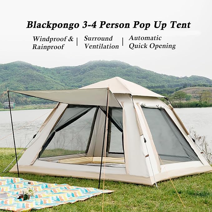 Instant Pop Up Camping Tent for 4-6 Person 2 Mesh Windows &amp 2 Doors Easy Set Up with Vestibule &amp Rainfly