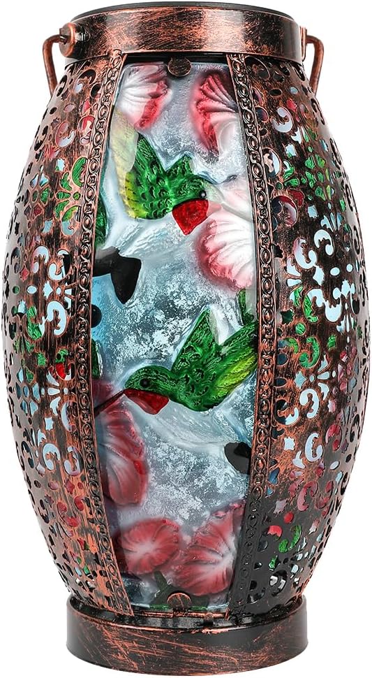 Hummingbird Solar Lanterns Glass &amp Metal Hanging Lantern Outdoor Waterproof 16 H Tabletop Light with Hollowed-Out Design for Garden Patio Table Decor Mother's Day Gift