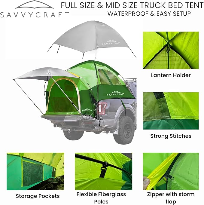 Savvycraft Pickup Truck Tent for Full Size and Mid Size Truck Short Bed and Long Bed Waterproof P3000mm 2-Person Double Layer Truck Bed Camping Tent Expandable Awning Rainfly Storage Bag Included