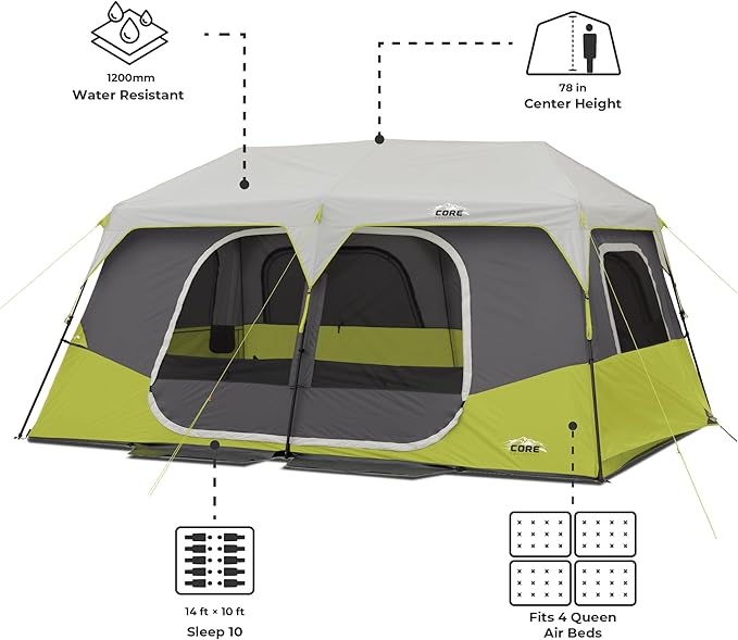 CORE Instant Cabin Tents | 6 Person / 9 Person / 10 Person / 12 Person Family Cabin Multi Room Pop Up Tents Car Camping | Included Storage Pockets for Camping Accessories