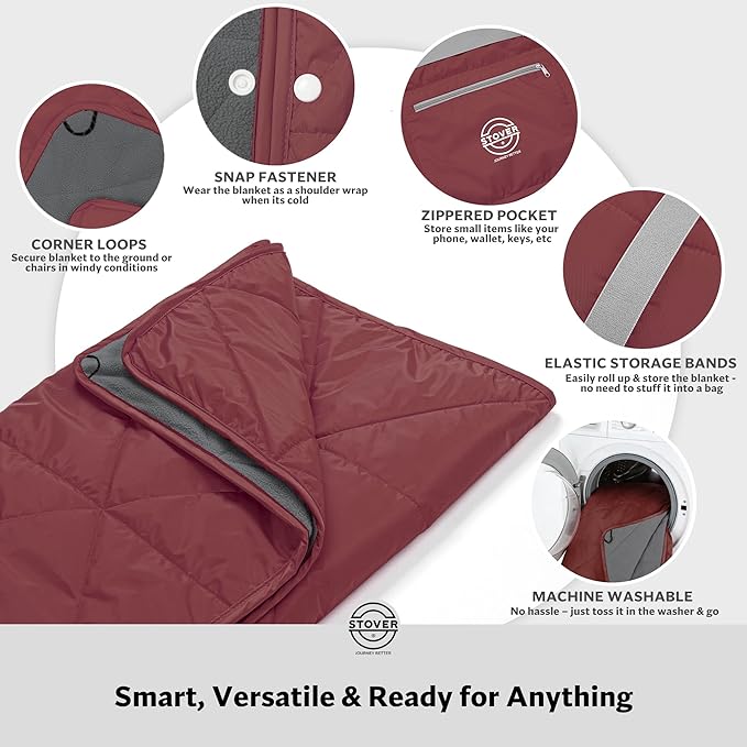 STOVER Large Waterproof Outdoor Stadium Blanket- Extra Thick Soft Fleece Camping Blanket for Travel Picnics Sports 79x55 Warm Windproof Sand-Proof Lightweight Packable (Game Day Crimson)