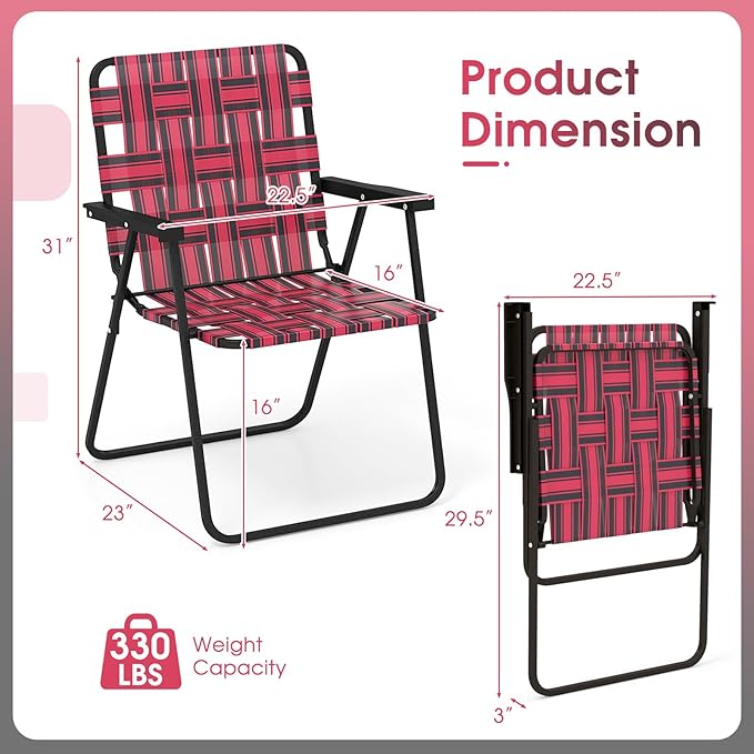 Giantex 2-Pack Beach Chairs for Adults Camping Chair with Steel Frame Webbing Design Lightweight Folding Directors Chair for Outdoor Patio Fishing Yard Poolside Lawn (Red)
