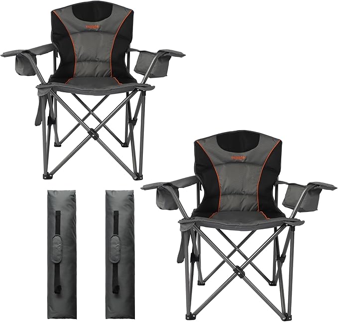 Oversized Camping Chair Heavy Duty Steel Frame 450 LBS Capacity Collapsible Padded Arm Chair with Cup Holder Lumbar Support Portable for Outdoor Garden Beach Home (2 Gray)