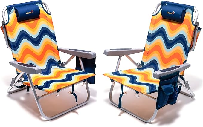 SUNNYFEEL Beach Chairs for Adults 2 Pack 5 Position Lay Flat Portable Folding Backpack Beach Chair Heavy Duty with Cooler Bag Cup Holder for Outdoor/Lawn/Picnic Foldable Camping Chair