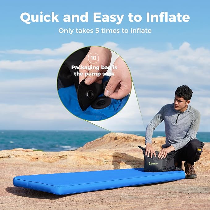 ATEPA ThermAir Pro Backpacking Inflatable Sleeping Pad 5 R-Value Insulated Ultralight Portable Sleeping Pad Thick Camping Mat with Stuff Sack for Camping Backpacking Tent Wide Long Size 77.5x25.6