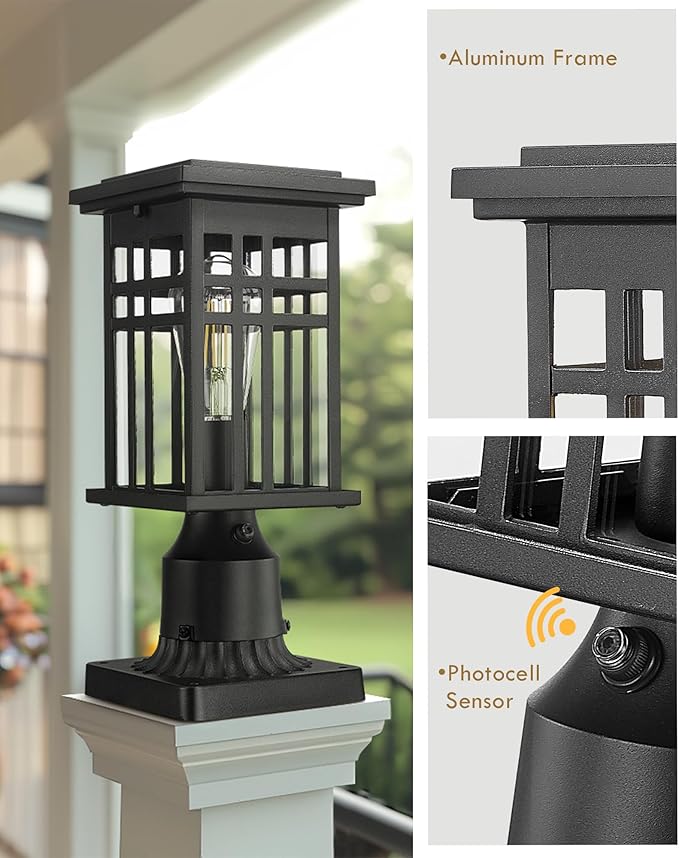 HWH INVESTMENT Outdoor Post Lantern Dusk to Dawn Patio Pole Lamp Post for Yard Garden Waterproof Exterior Lamp Post Lantern with Photocell Sensor Clear Glass 5HD36P PC BK